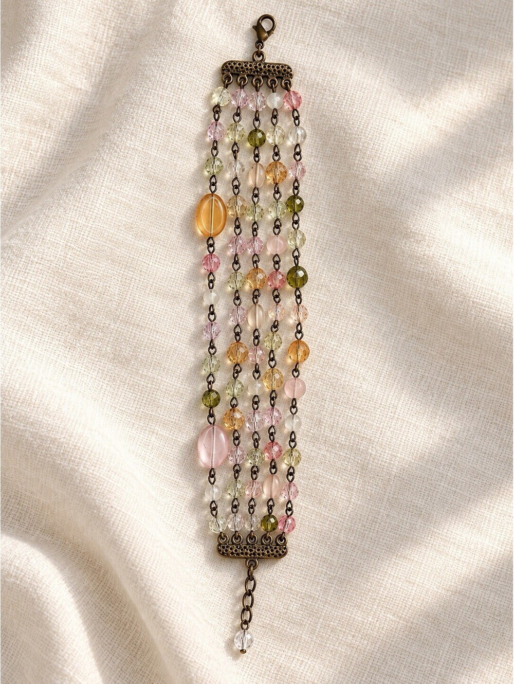 💗 Pastel Beaded 5-Strand Bracelet with Bronze Tone Chain